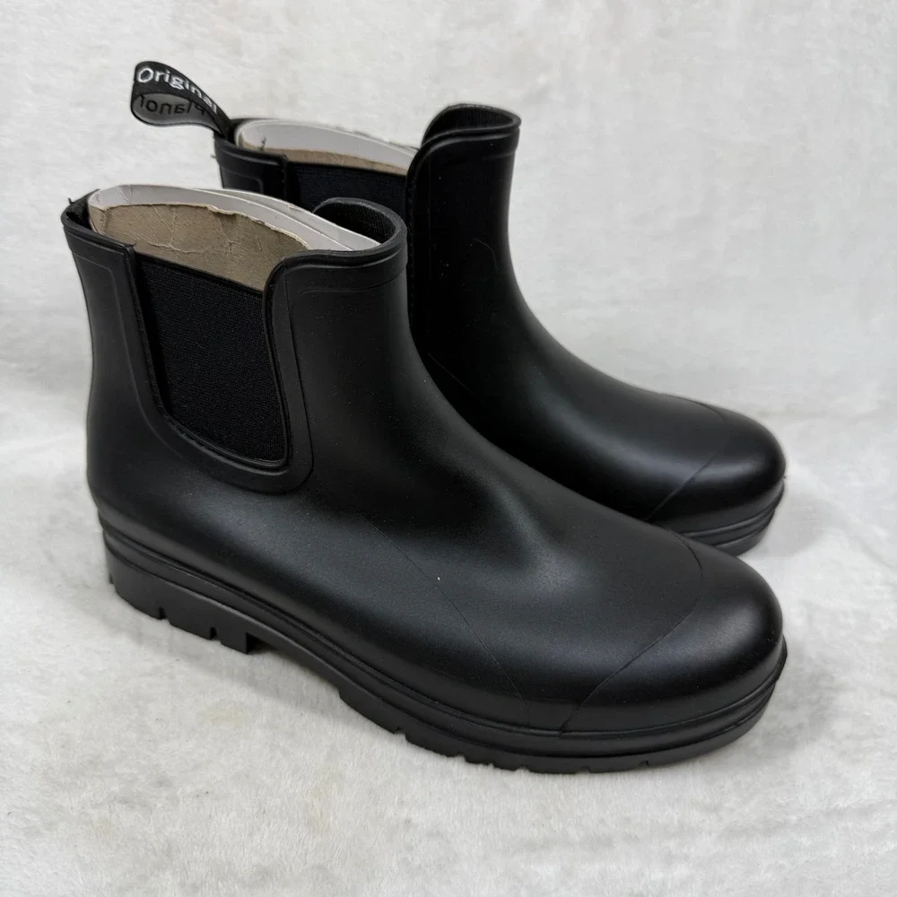 Planone Womens Chelsea Rain Boots Black Rubber Waterproof Ankle Lug Sole 37 US 7